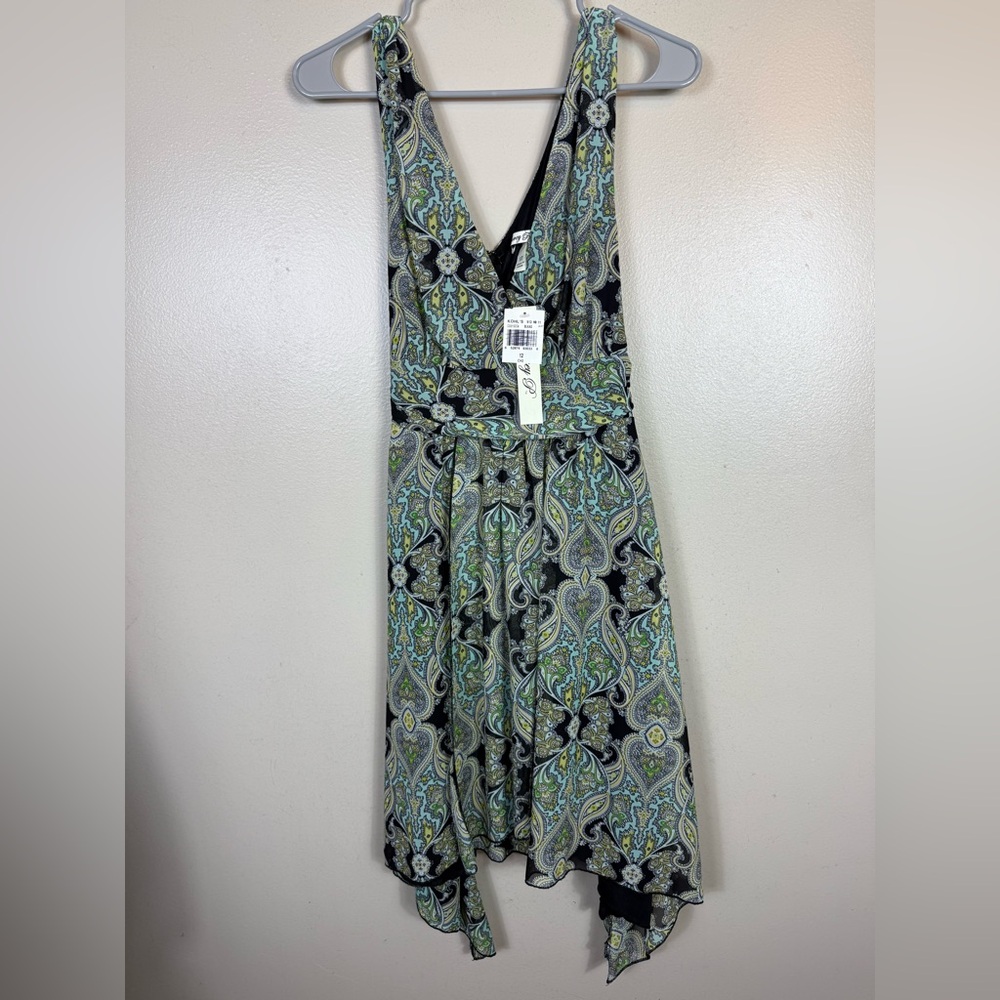 Corey P Paisley Floral Dress Black Teal Blue Size 12‎ Handkerchief Hemline NWT
